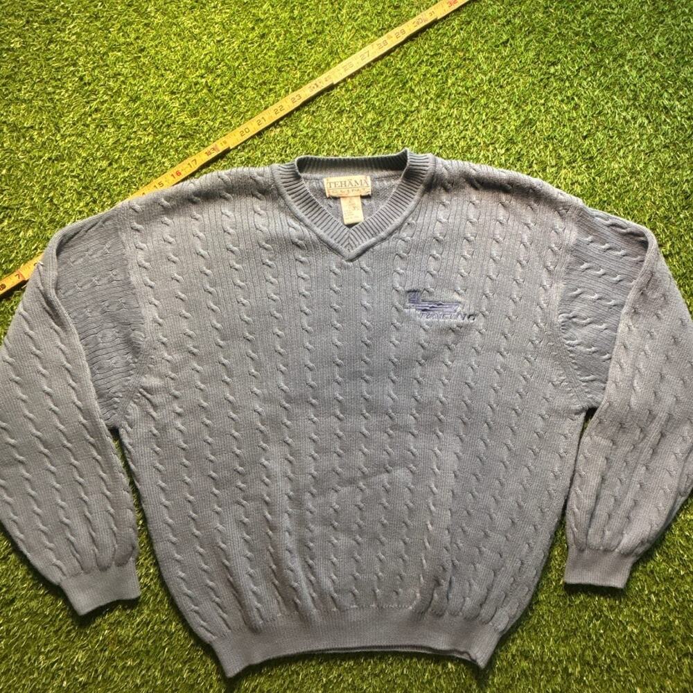 Tehama Cable Knit V-Neck Sweater Blue Gray Men's L